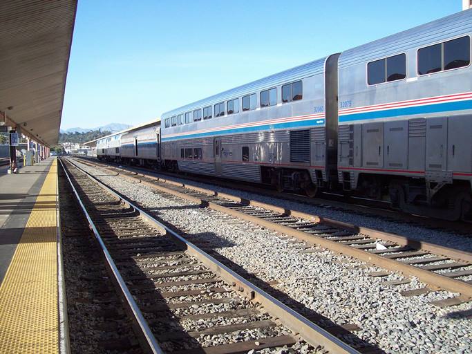 An Amtrak waiting on the track at Los Angeles Union Station.