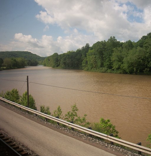 A river almost overflowing its banks.